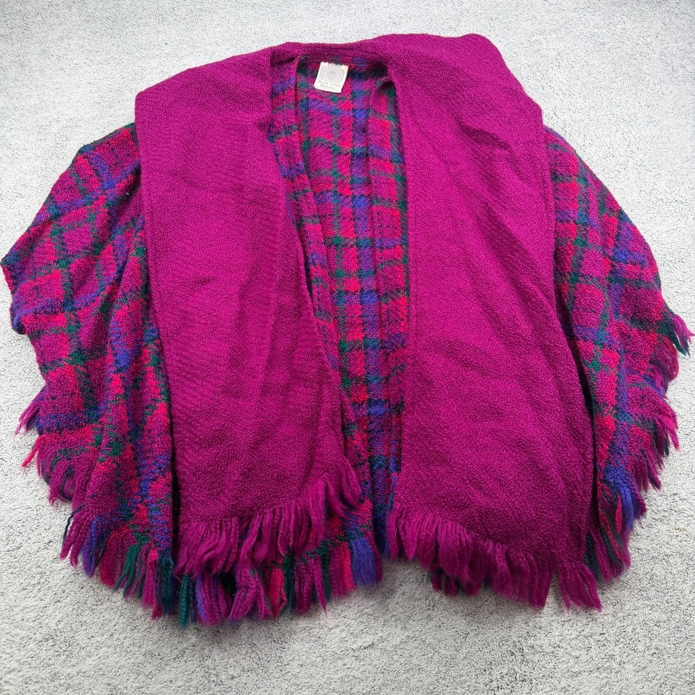 Boyne Valley Weavers Wrap Shawl Women Fuschia Plaid Hand Knit Wool Blend Ireland